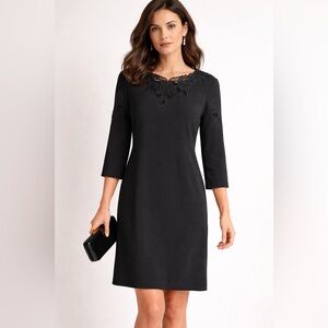 Alfani Petite Black Lace Appliqué Shift Dress 12P 3/4 Sleeve Back Zip